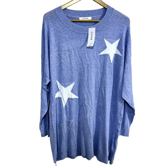 Evans Blue Long-Sleeve Jumper Sweater With Star Pattern UK 18 EUR 46 US 14 NWT - Picture 1 of 4